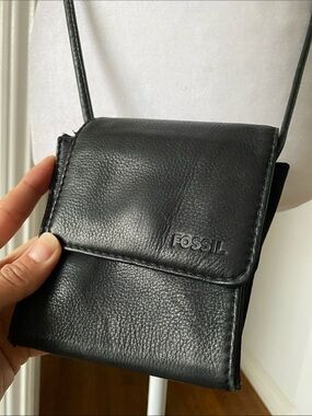 Fossil Black Leather Mini Compact Crossbody Bag